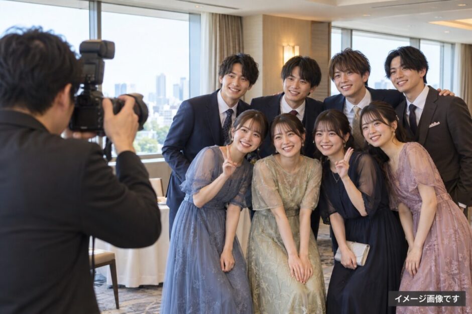 成人式後の同窓会で、若い同級生たちがカメラマンに向かって集合写真を撮る場面のイメージ