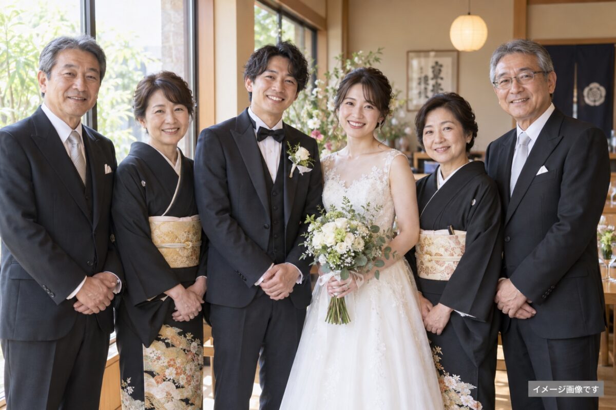 1.5次会の会場で新郎新婦と両家の親が家族写真を撮るイメージ