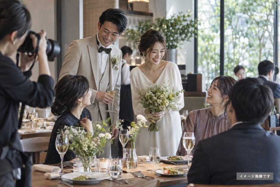 レストランの1.5次会でゲストと話す新郎新婦を撮影するカメラマンのイメージ