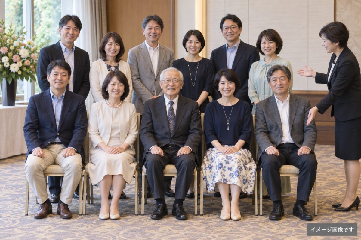 椅子に座る前列と床に立つ後列に分かれて同窓会の集合写真を準備するイメージ