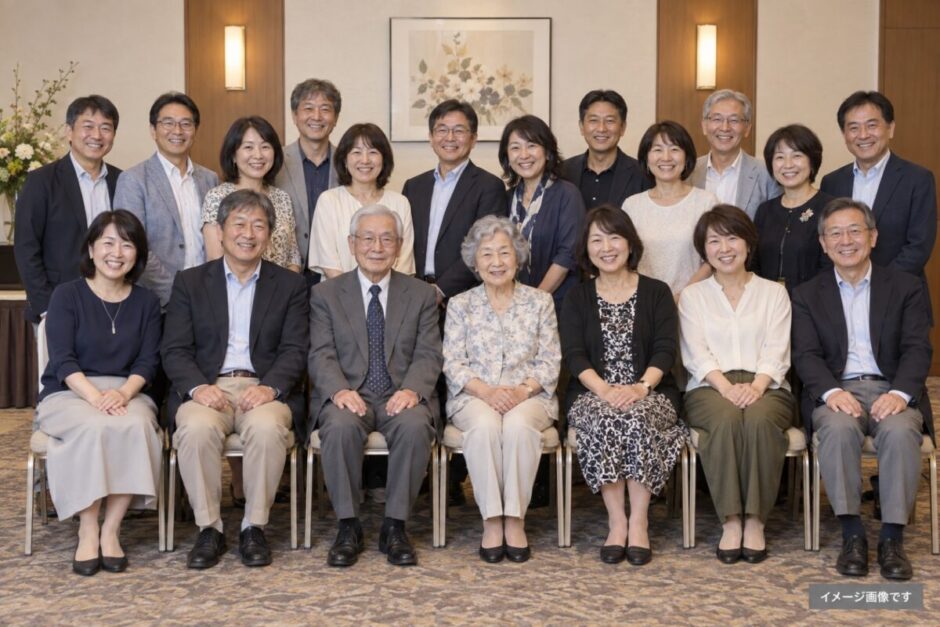 同窓会で前列に着席し後列に立って集合写真を撮る参加者のイメージ
