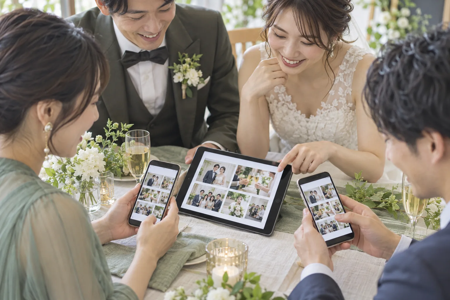新郎新婦とゲストがタブレットとスマートフォンで二次会の写真アルバムを楽しむイメージ