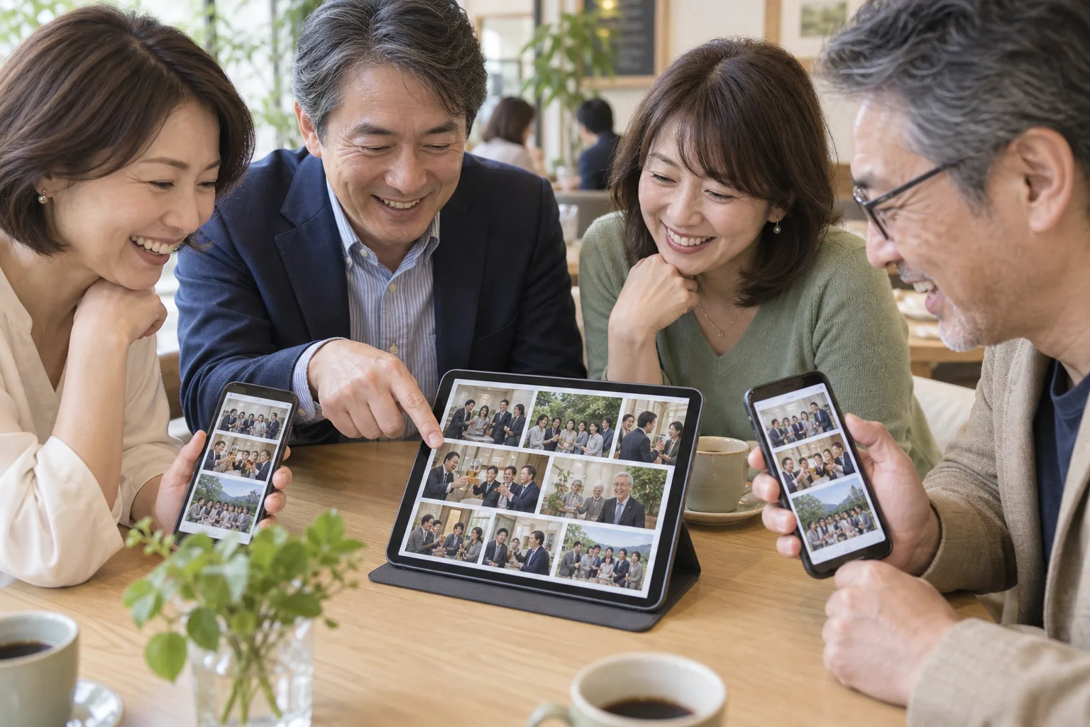 同窓会の参加者がタブレットとスマートフォンで同じ写真アルバムを楽しむイメージ